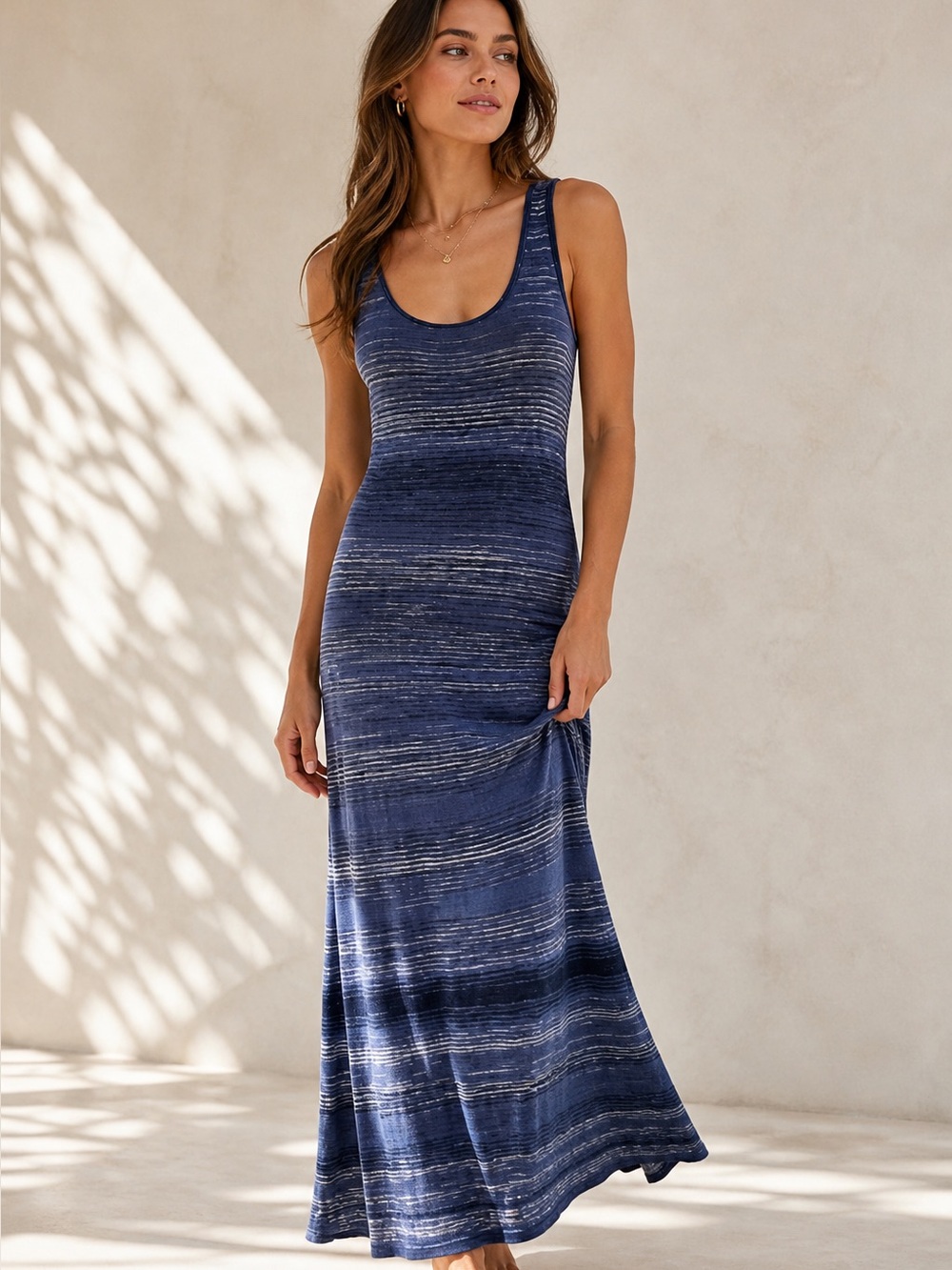 Vince Navy and Light Blue Striped Scoop Neck Maxi Dress